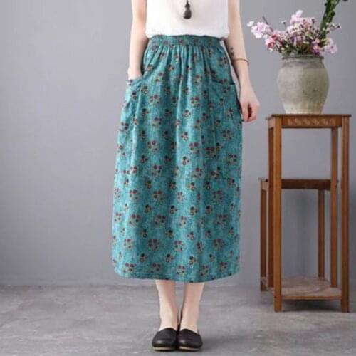 Cotton Linen Floral Skirt Female 2021 Summer Mid-Length Ethnic Style Literary Retro Base A-Line Skirt Female Pocket Large Skirt