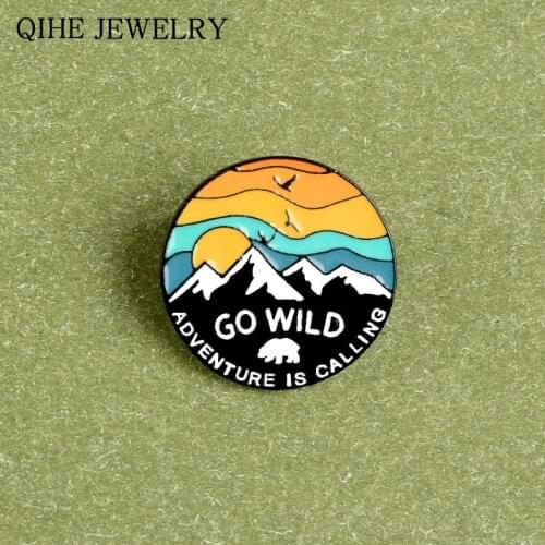 Wild Adventure Pin Round Brooch Sunset glow Snow Mountain Explore Nature Lapel Pin Custom Badge Enamel Pins For Women Men