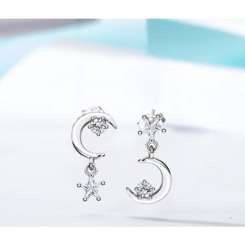 DAIWUJAN New 925 Sterling Silver Temperament Zircon Star Moon Asymmetrical Stud Earrings Earring for Women Girls Jewelry Gift