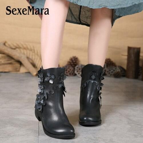 SexeMara Genuine Leather Mid-Calf Womens Boots Black Retro Flower Women Warm Winter Boots Brown Square heel Zip Casual Shoes