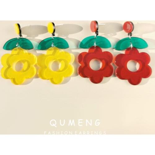 QUMENG Classic Korea exaggerates transparency yellow red flower acrylic long drop earrings for women girl fashion accessori