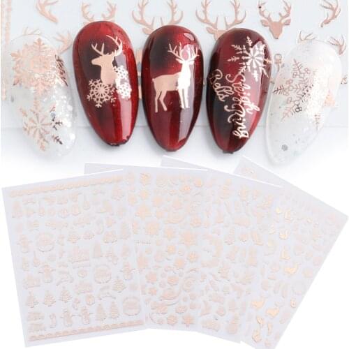 3D Rose Gold Nail Art Sticker Christmas Design Snowflake Santa Xmas Tree Metal Nail Decorations Slider Polish Tips