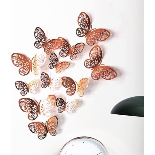 12pcs 3D Hollow Butterfly Wall Stickers 5 Styles Rose Gold/Golden/Silver Simulation Butterfly Wall Stickers for Home Decoration
