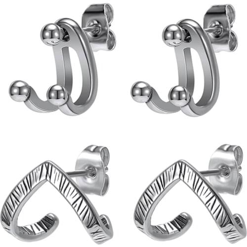1pr Stainless Steel Ear Stud Earring Bending Vintage Hip Pop Jackets Earring Piercing Studs for Men Women Helix Conch Piercing
