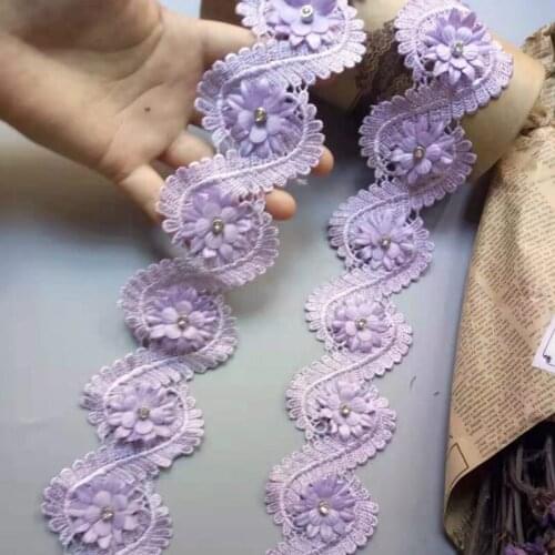 20pcs/lot Purple Cotton Pearl Flowers Leaf Embroidered Lace Trim Ribbon Fabric Sewing Supplies Craft For Garment Hat Decoration