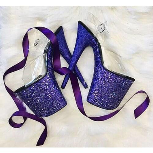 Moraima Snc Sexy Pole Dance High Heel Shoes Woman Summer Open Toe Glitter Embellished Platform Sandals Super High PVC Heels