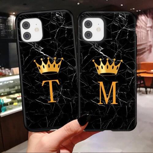 Initial Letter Crown Marble Phone Case For iPhone 11 12 Mini Pro Max 8 7 Plus SE 2020 XS Soft TPU Cover Coque Fundas