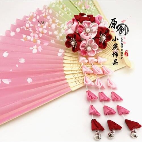 Ancient Handmade Hairpin Cosplay Accessories Headdress Sakura Flower Tassel Tsumami Zaiku Kimono Yukata Barrettes Hair Clip