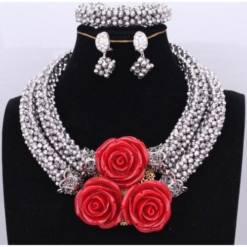 Dubai Jewelry Set Nigerian Red Coral Flowers Beads Necklace Jewelry For Brides Women Costume Jewellery Set African New