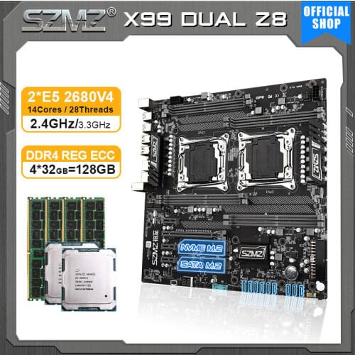 SZMZ X99 DUAL Motherboard Combo with 2 Pcs Xeon E5 2680 V4 CPU 4*32GB DDR4 RAM Kit