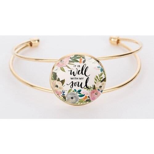 SUTEYI Fashion Bangle Christian Hymn It Is Well With My Soul Glass Charm Cuff Bracelet Bible Verse Jewelry Gift