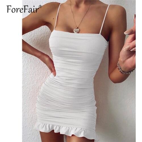 Forefair Summer 2020 Women Sexy Bodycon Dress Ruffles White Mini Backless Spaghetti Strap Club Black Orange Party Dresses
