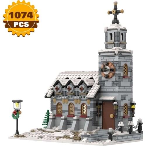 Moc City Winter Church Street View Building Blocks Set Winter Church Classic Architecture House Model Bricks Kids Toys Xmas Gift