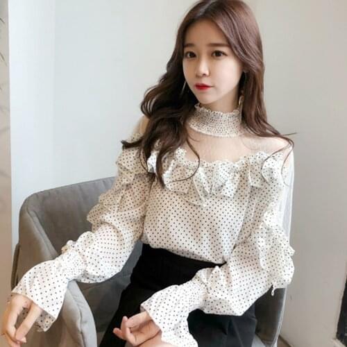 2019 Summer Womens Shirt Mesh Stitching Ruffled Wave Point Bottoming Shirt Slim Trumpet Sleeves Long Sleeve Shirt Women