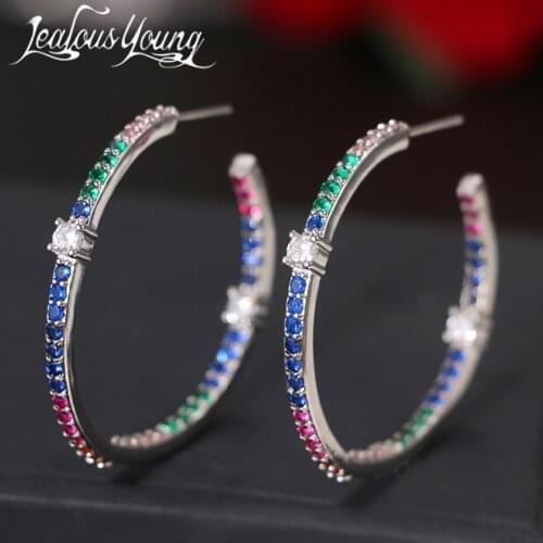 Trendy Rainbow Cubic Zirconia Circle Round Hoop Earrings for Women with Shinning Crystal Hip Hop Hoops Jewelry