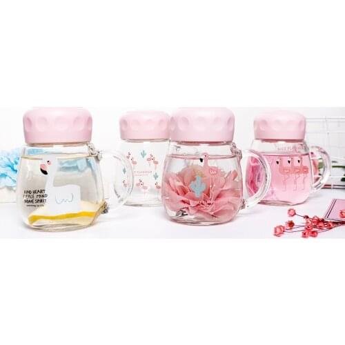 Cartoon Flamingo 350ml Heat-resistant Glass Outdoor Portable Water Bottle Students' Fashion Health Tumbler With Cover pb-free