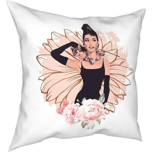 Audrey Hepburn Flowers Cat Watercolor Pillowcover Home Decorative Actress Cushions Throw Pillow for Home Double-sided Printing