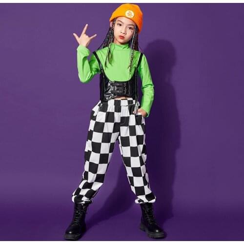 New Girls Jazz Dance Hip Hop Kids Clothes Green Sweatshirt Plaid Pants Catwalk Performance Costume Ballroom Practice Wear BL6896