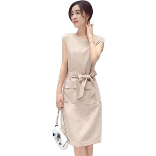 Womens summer new casual fashion slim sleeveless crew neck pocket medium stretch waist ventilation Yin band dress vestidos
