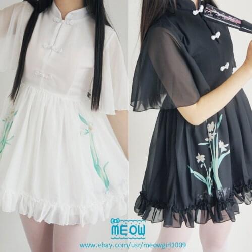 "RUOSHUIXIAN" (Narcissus-like Girl) Chinese Style Vintage Dress Hanfu Lolita Fairy Kei Dress Summer 3 Colors