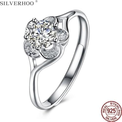 SILVERHOO Sterling Silver S925 Adjustable Rings Flower Shape Big CZ Ring For Women Christmas Day For Friend Hot Fine Jewelry