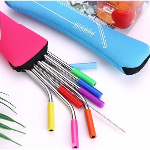 Metal Straw 1set Reusable Stainless Steel Straws Straight Bent New Drinking Straws with Silicone Tips for Hot Cold Beverage