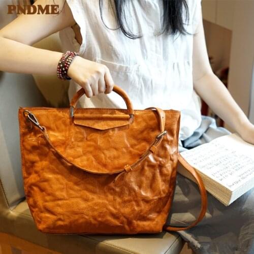 PNDME fashion pleated genuine leather womens A4 handbag casual vintage high quality cowhide ladies big shoulder messenger bags