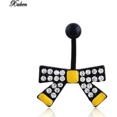 Yellow and black Tie Little Belly Button Rings Body Piercing Jewelry for Cute Girls Womens 316L Surgical Steel Pircing 14G Bar
