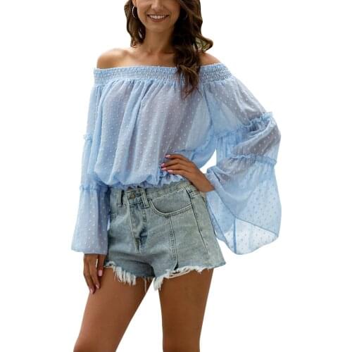 Women Blouse Loose Style Tops Solid Color Blouses Long Sleeve Boat Neck Blouse See Through Blue/ Navy/ White/ Black