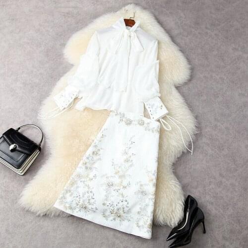 European and American womens wear for spring 2021 Long sleeved shirt with bow collar Beaded embroidered skirt Fashion suits
