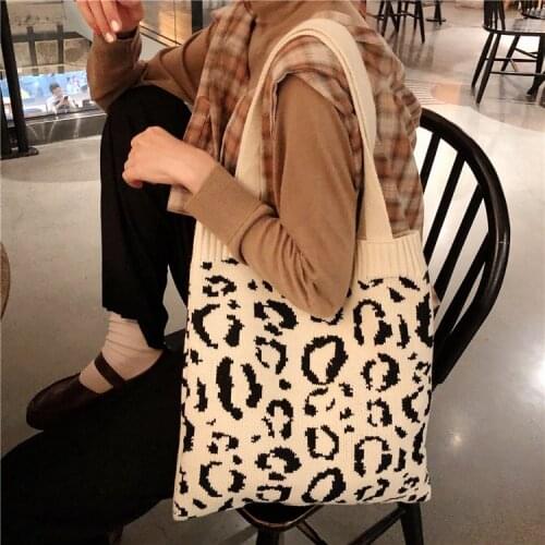 Retro Knitting Shopping Bag for Women Leopard Pattern Ladies Woolen Shoulder Bags Female Portable Casual Tote Large Handbags