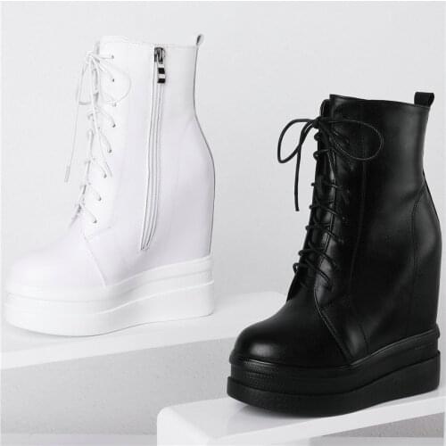 Casual Shoes Women Cow Leather Wedges High Heel Ankle Boots Female Lace Up Round Toe Platform Pumps High Top Fashion Sneakers