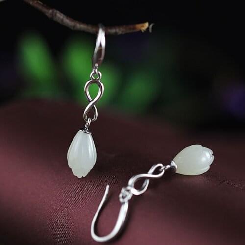 Natural Nephrite Gemstone 925 Sterling Silver Drop Earrings For Women Hand engraving Tulops&Pomegranate flowers Earrings