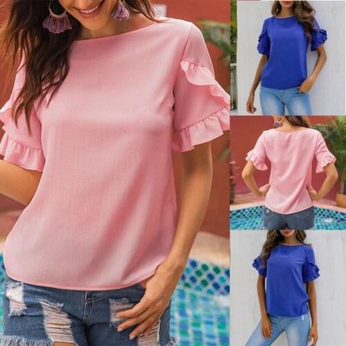 Womens Solid Color Petal Sleeve Top Casual Loose Pullover Round Neck Ruffle Sleeve T-Shirt