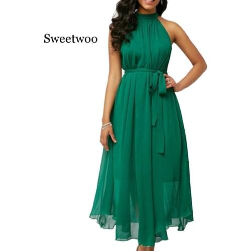 Plus Size Womens dress Summer Solid Color Pleated Chiffon Sleeveless Belted Maxi party Dress Womens wear