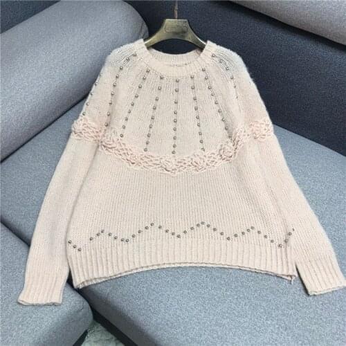 2019 Jumper Sweaters Ladies Round Neck Beaded Handmade Three-dimensional Crochet Flower Loose Mohair Long-sleeved Sweater Women