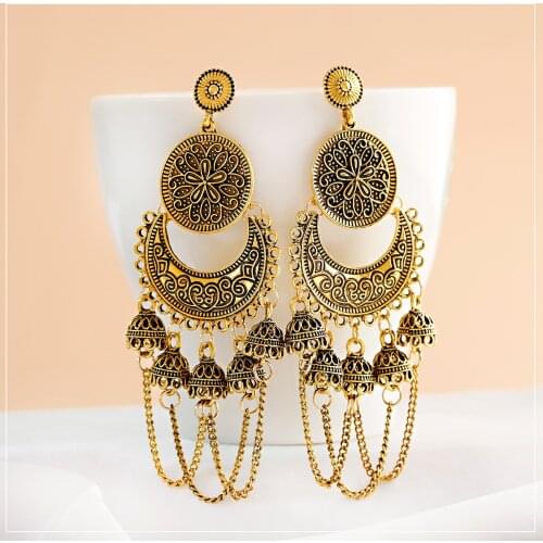 2020 Retro Indian Jhumka Jhumki Gypsy Ethnic Gold Alloy Carved Round&Crescent Bell Tassel Drop Earrings For Women Boho Jewelry