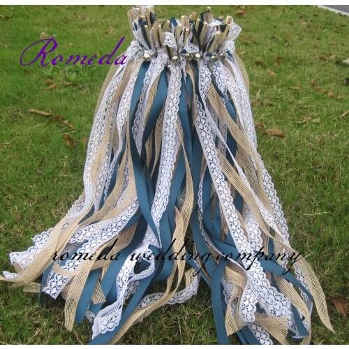 FREE SHIPPING-50pcs/lot Wedding jute nature Ribbon Wands,Wedding Confetti Stream Ribbon Sticks Wands with Bells