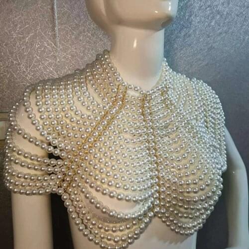 Retro palace catwalk show shoulder chain dress wedding performance exaggerated pearl top breast chain womens necklace jewelry