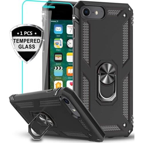 For iPhone SE 2020 Case with Tempered Glass Screen Protector [1Pack] Military Grade with Rotating Holder Kickstand