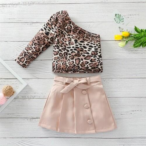 1-6 Years Baby Girls 2 Pieces Suit Toddler Kids Autumn Leopard Print One Shoulder Long Sleeve Tops+ Solid Color A-Line Skirt