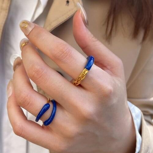 Japanese Style Blue White Oil Resin Personality Special Design Gold Ring For Women Fashion Jewelry
