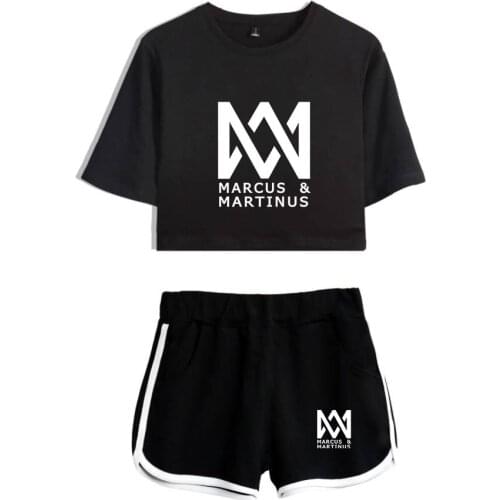 Marcus and Martinus print summer tracksuit two piece set cotton short sleeve t shirt woman suit shorts crop fashion tops+shorts