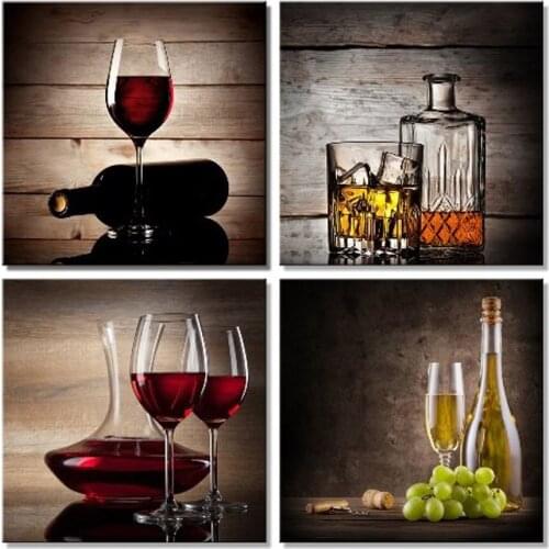 Red Wine Cups HD Modern 4 Pieces Stretched and Framed Abstract Giclee Canvas Prints Artwork Contemporary Vintage Pictures Painti