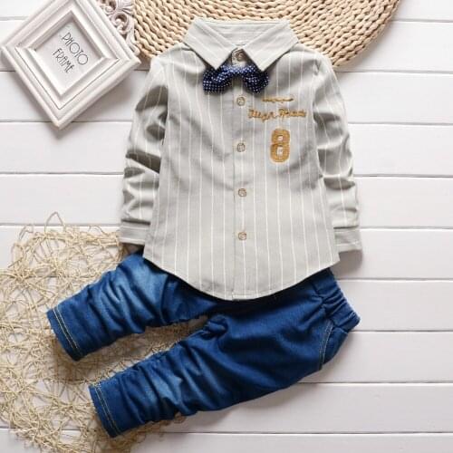 Boys Spring And Autumn Long Sleeve Striped Lapel Jacket + Jeans Pants 2 Pieces