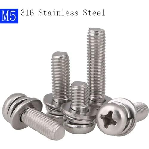 M5 - 0.8 316 Stainless Steel Round Head Phillips Screws + Flat Spring Washer SEM A4 - 70 bolts