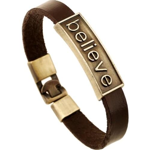 Fashion Vintage Retro Believe Alloy Charm Bracelet Cuff Genuine Leather Wristband Wrap Bangle Punk Casual Men Women Jewelry Gift