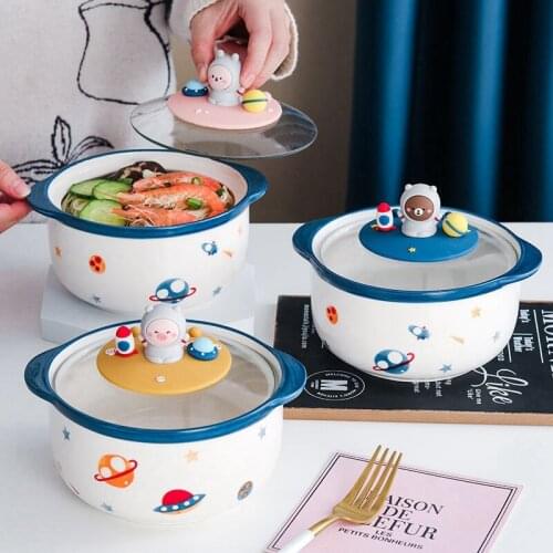 Cartoon Instant Noodle Bowl with Lid Ceramic Bowl Fruit Salad Tray 1000Ml Capacity Office Fruit Bowl Tableware