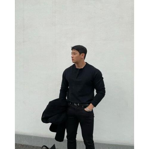 Men Cotton Tshirt Long Sleeve Shirt Bodybuilding Curved Hem Workout Fitness T-shirt Mens Clothing