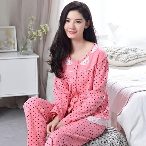 New Autumn Knitted Cotton Women Pajamas Cartoon Pyjamas Women Long Sleeve Cardigan Plus Size M-4XL Sleepwear Girls Pijamas